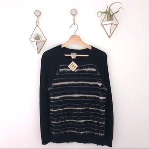 HAUTE HIPPIE black tan fringe stripe wool sweater